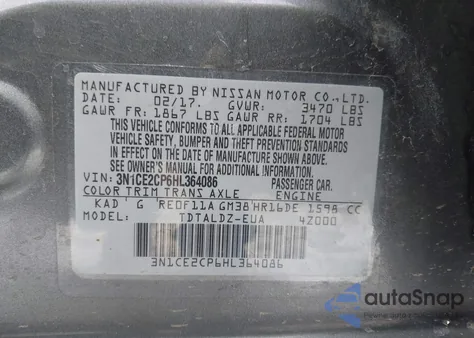 2017 Nissan Versa Note Sv from USA, damaged, VIN 3N1CE2CP6HL364086